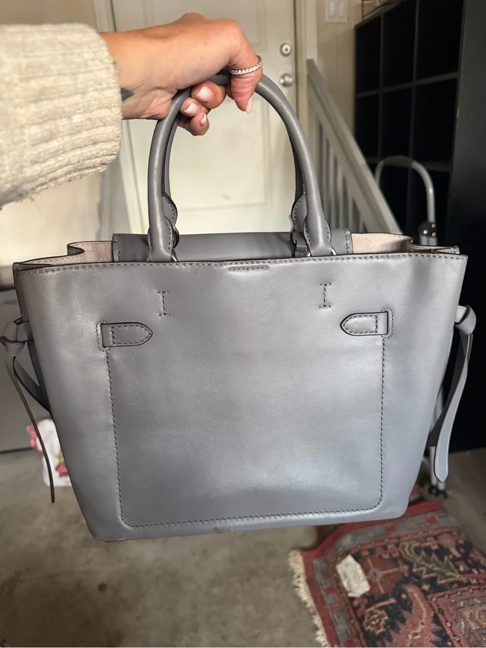 Auth Michael Kors Gray Top-Handle Satchel with Chain Lock Accent